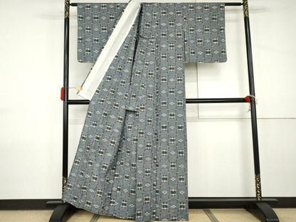 平和屋着物▽上質な紬　単衣　琉球絣文様　正絹　逸品　AABI8059cs