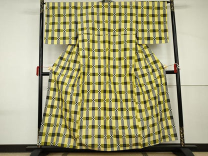 平和屋着物▽上質な紬　単衣　花格子　正絹　逸品　AABI8061cs