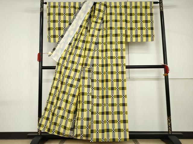 平和屋着物▽上質な紬　単衣　花格子　正絹　逸品　AABI8061cs