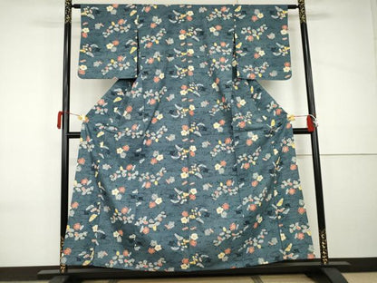 平和屋着物▽上質な紬　単衣　型染め　舞梅文　敷松葉　正絹　逸品　AABI8062cs