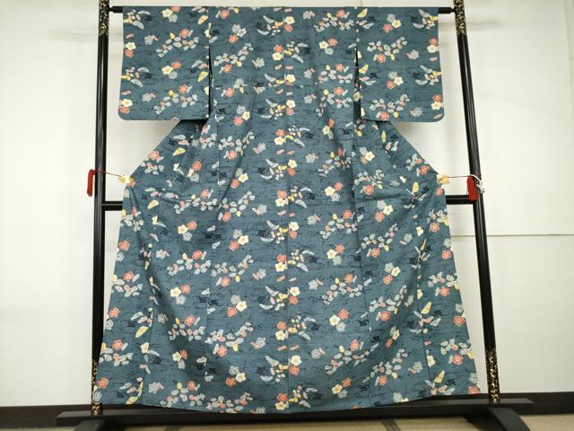 平和屋着物▽上質な紬　単衣　型染め　舞梅文　敷松葉　正絹　逸品　AABI8062cs