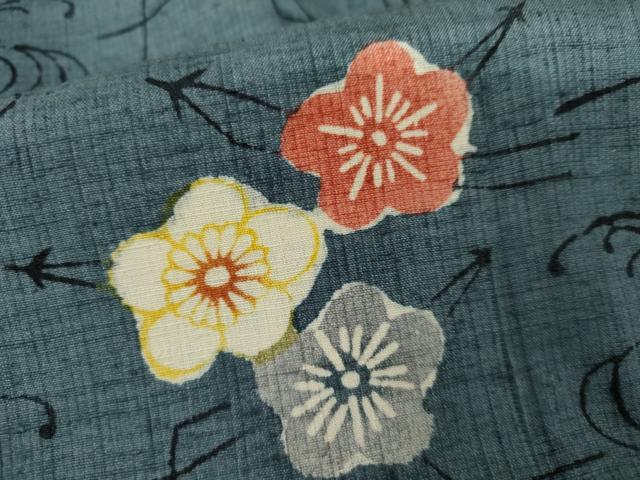 平和屋着物▽上質な紬　単衣　型染め　舞梅文　敷松葉　正絹　逸品　AABI8062cs
