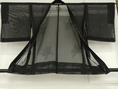 平和屋着物▽羽織　スリーシーズン　春夏秋　塵除け　草花文　黒地　正絹　逸品　未使用　AABI8064cs