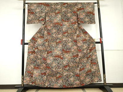 平和屋着物▽上質な小紋　単衣　辻が花　松竹梅風景文　正絹　逸品　AABI8066cs