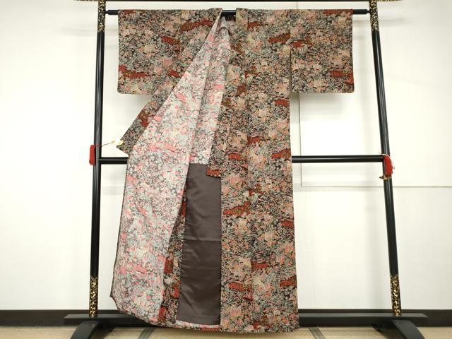 平和屋着物▽上質な小紋　単衣　辻が花　松竹梅風景文　正絹　逸品　AABI8066cs