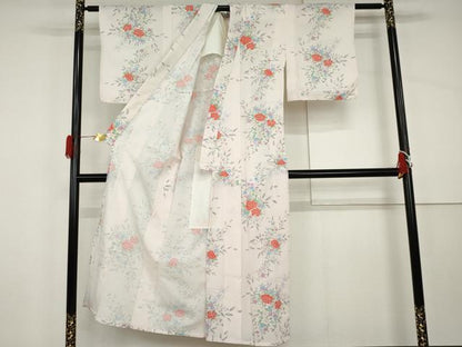 平和屋着物▽小紋　単衣　片輪車草花文　洗える着物　AABI8067cs