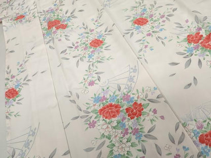 平和屋着物▽小紋　単衣　片輪車草花文　洗える着物　AABI8067cs