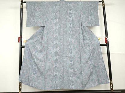 平和屋着物▽上質な小紋　単衣　更紗花鳥文　鬼しぼ縮緬　正絹　逸品　AABI8068cs