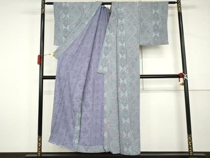 平和屋着物▽上質な小紋　単衣　更紗花鳥文　鬼しぼ縮緬　正絹　逸品　AABI8068cs