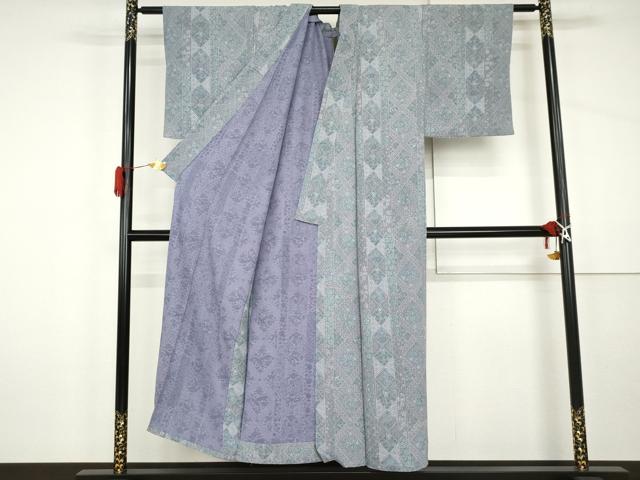 平和屋着物▽上質な小紋　単衣　更紗花鳥文　鬼しぼ縮緬　正絹　逸品　AABI8068cs