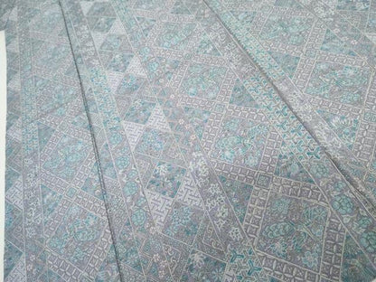 平和屋着物▽上質な小紋　単衣　更紗花鳥文　鬼しぼ縮緬　正絹　逸品　AABI8068cs