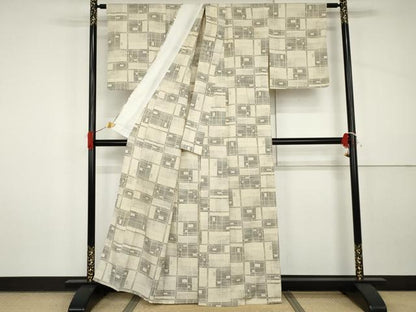 平和屋着物▽本塩沢　単衣　変わり格子　正絹　逸品　AABI8070cs