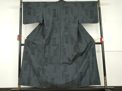 平和屋着物▽塩沢紬　単衣　色紙重ね草花文　正絹　逸品　AABI8073cs