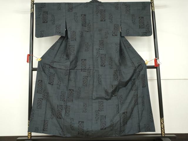 平和屋着物▽塩沢紬　単衣　色紙重ね草花文　正絹　逸品　AABI8073cs