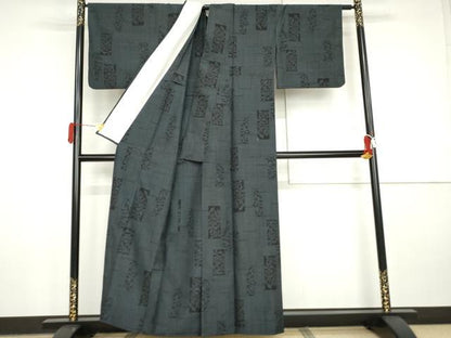 平和屋着物▽塩沢紬　単衣　色紙重ね草花文　正絹　逸品　AABI8073cs