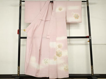 平和屋着物▽訪問着　単衣　手描き　雪輪枝花文　暈し染め　正絹　逸品　AABI8074cs