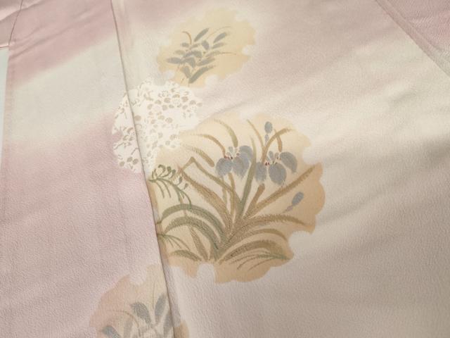 平和屋着物▽訪問着　単衣　手描き　雪輪枝花文　暈し染め　正絹　逸品　AABI8074cs