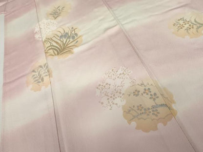 平和屋着物▽訪問着　単衣　手描き　雪輪枝花文　暈し染め　正絹　逸品　AABI8074cs