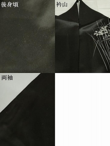 平和屋着物▽訪問着　単衣　刺繍　花蝶文　黒地　銀糸　銀彩　正絹　逸品　AABI8079cs