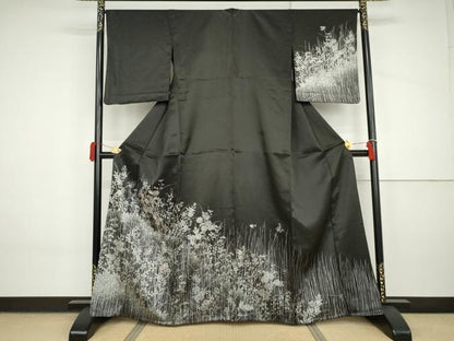 平和屋着物▽訪問着　単衣　刺繍　花蝶文　黒地　銀糸　銀彩　正絹　逸品　AABI8079cs