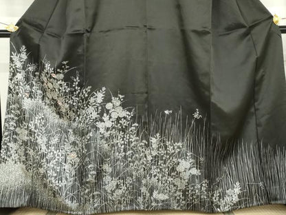 平和屋着物▽訪問着　単衣　刺繍　花蝶文　黒地　銀糸　銀彩　正絹　逸品　AABI8079cs