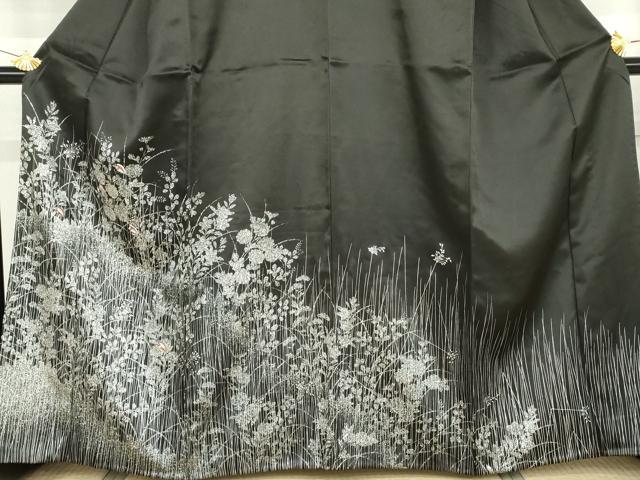 平和屋着物▽訪問着　単衣　刺繍　花蝶文　黒地　銀糸　銀彩　正絹　逸品　AABI8079cs