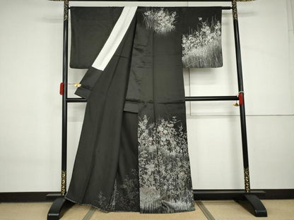 平和屋着物▽訪問着　単衣　刺繍　花蝶文　黒地　銀糸　銀彩　正絹　逸品　AABI8079cs