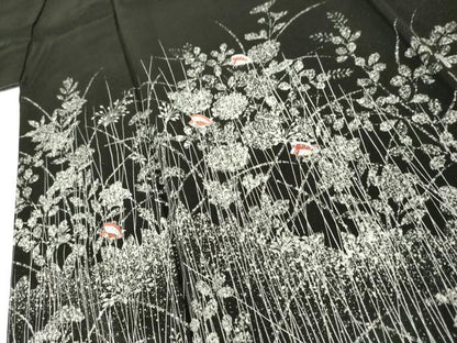 平和屋着物▽訪問着　単衣　刺繍　花蝶文　黒地　銀糸　銀彩　正絹　逸品　AABI8079cs