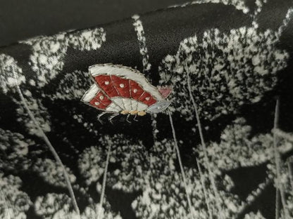 平和屋着物▽訪問着　単衣　刺繍　花蝶文　黒地　銀糸　銀彩　正絹　逸品　AABI8079cs