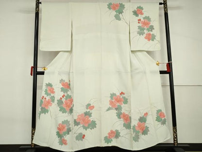 平和屋着物▽訪問着　単衣　手描き　草花文　金彩　正絹　逸品　AABI8083cs