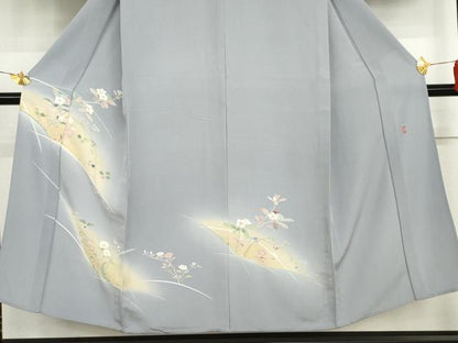 平和屋着物▽訪問着　単衣　友禅　作家物　枝花文　暈し染め　金彩　正絹　逸品　AABI8084cs