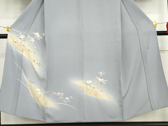 平和屋着物▽訪問着　単衣　友禅　作家物　枝花文　暈し染め　金彩　正絹　逸品　AABI8084cs