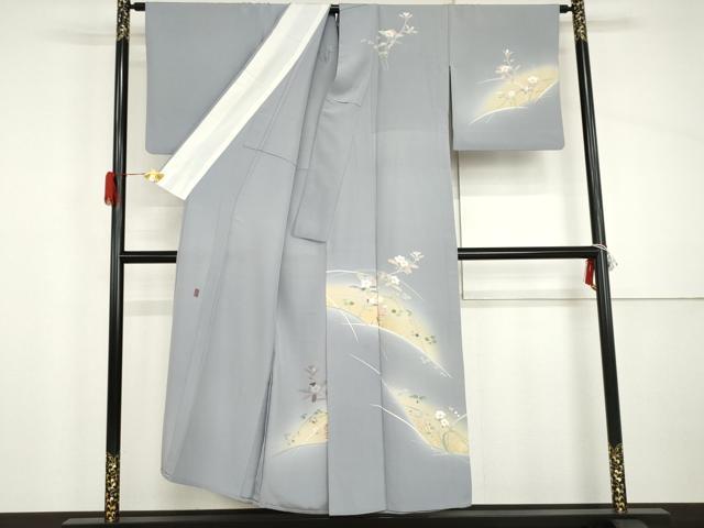 平和屋着物▽訪問着　単衣　友禅　作家物　枝花文　暈し染め　金彩　正絹　逸品　AABI8084cs