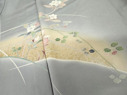 平和屋着物▽訪問着　単衣　友禅　作家物　枝花文　暈し染め　金彩　正絹　逸品　AABI8084cs
