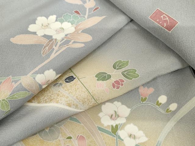 平和屋着物▽訪問着　単衣　友禅　作家物　枝花文　暈し染め　金彩　正絹　逸品　AABI8084cs