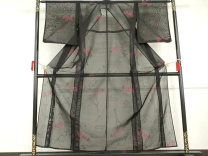 平和屋着物＊夏物　小紋　紗　枝花文　黒地　正絹　逸品　AABI8087cs