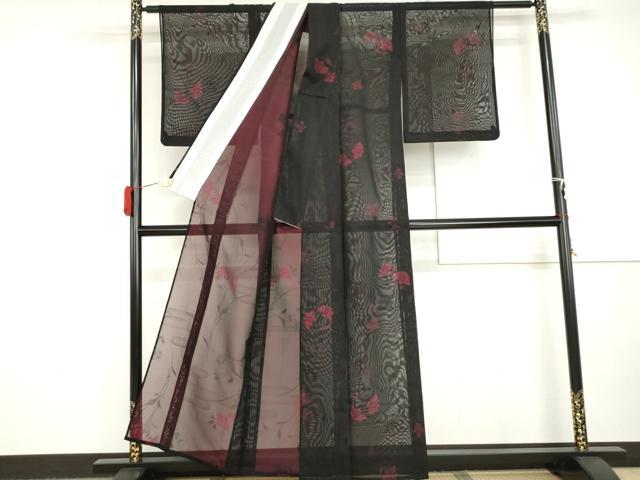 平和屋着物＊夏物　小紋　紗　枝花文　黒地　正絹　逸品　AABI8087cs