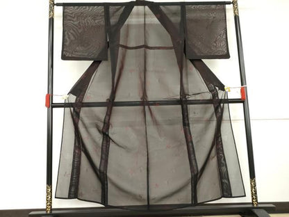 平和屋着物＊夏物　小紋　紗　枝葉文　黒地　正絹　逸品　AABI8095cs