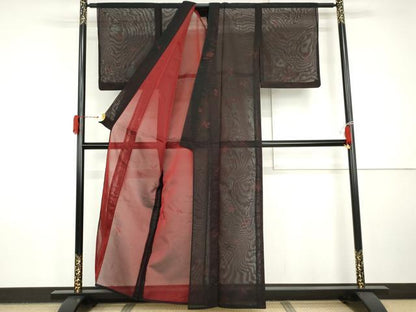 平和屋着物＊夏物　小紋　紗　枝葉文　黒地　正絹　逸品　AABI8095cs