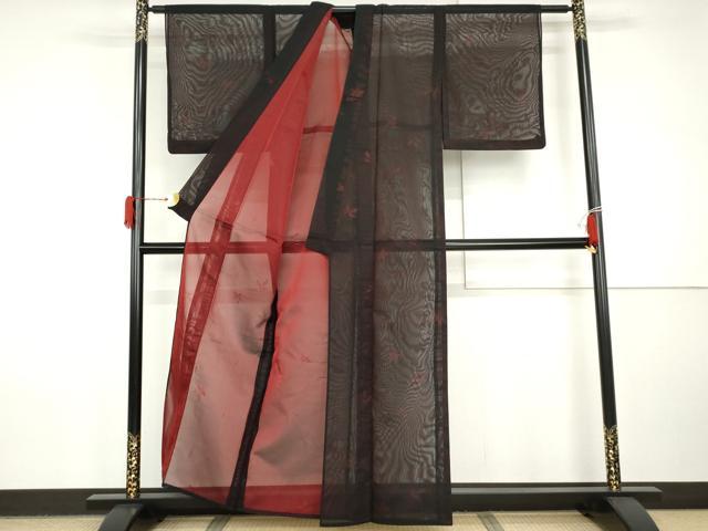 平和屋着物＊夏物　小紋　紗　枝葉文　黒地　正絹　逸品　AABI8095cs