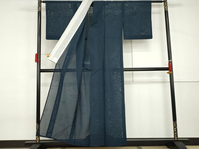 平和屋着物＊夏物　色無地　絽　流水花紋紗　留紺色　正絹　逸品　AABI8097cs