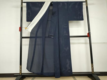 平和屋着物＊夏物　色無地　縦絽　紺色　正絹　逸品　AABI8101cs