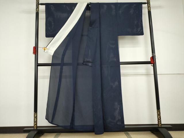 平和屋着物＊夏物　色無地　縦絽　紺色　正絹　逸品　AABI8101cs