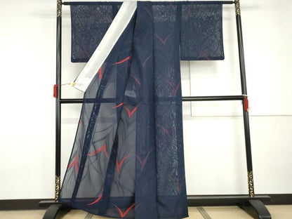 平和屋着物＊夏物　小紋　枝葉紋紗　正絹　逸品　AABI8113cs
