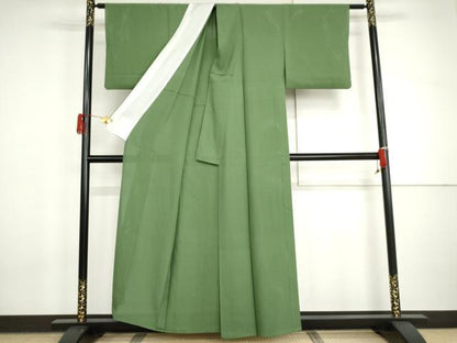 平和屋着物＊夏物　色無地　縦絽　松葉色　正絹　逸品　AABI8117cs