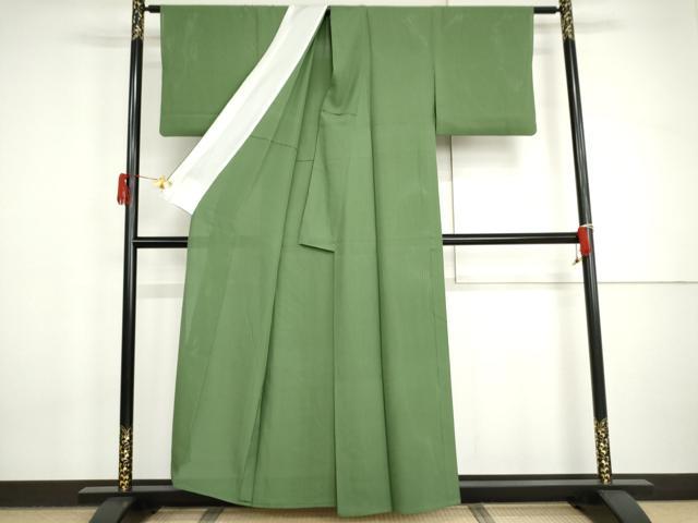 平和屋着物＊夏物　色無地　縦絽　松葉色　正絹　逸品　AABI8117cs