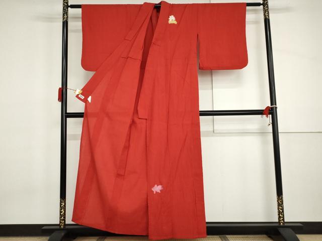 平和屋着物＊夏物　撫松庵　小紋・浴衣兼用　綿　刺繍　金魚　色無地　深緋色　洗える着物　AABI8118cs