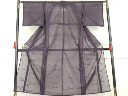 平和屋着物＊夏物　色無地　枝葉紋紗　葡萄色　正絹　逸品　AABI8120cs