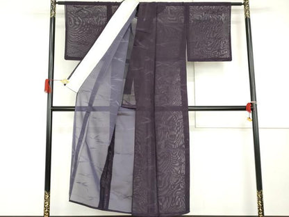 平和屋着物＊夏物　色無地　枝葉紋紗　葡萄色　正絹　逸品　AABI8120cs