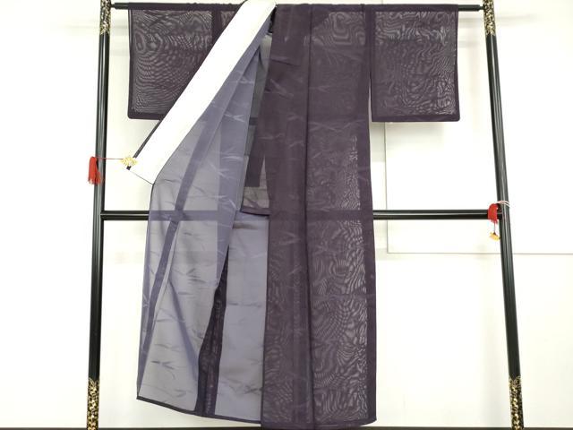 平和屋着物＊夏物　色無地　枝葉紋紗　葡萄色　正絹　逸品　AABI8120cs